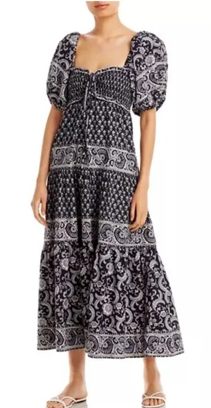 Sea NY Jasper Tiered Maxi Poplin Cotton Dress Puff Sleeve Square Neck Size Large thumbnail 1