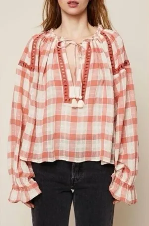 Free People Honey Grove Gingham Checkered Balloon Sleeve Blouse Size Small thumbnail 1