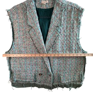 POL Tweed Vest Blazer Sleeveless Jacket Distressed Blue Cream‎ Small Oversized S thumbnail 4
