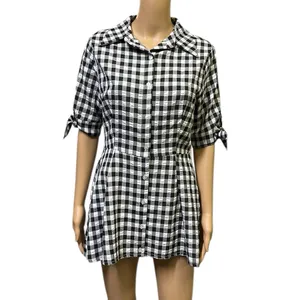 Kate Lily Gingham Short Tie Sleeve Button Up Tunic Blouse Black White Womens 8 thumbnail 2