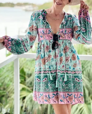 R.Vivimos Long Sleeve Floral Boho Dress Sz. L thumbnail 1