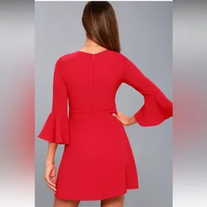 Lulus‎ Center of Attend Red Flounce 3/4 Bell Sleeve Mini Dress Size M thumbnail 2