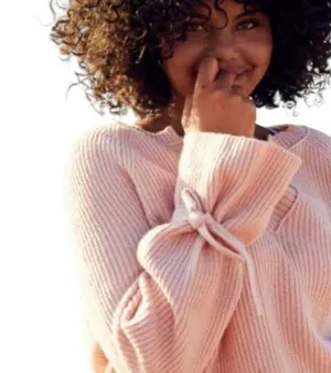 Blush Pink Ribbed V Neck Bow Tie Bell Sleeve Oversized Sweater size Small thumbnail 2