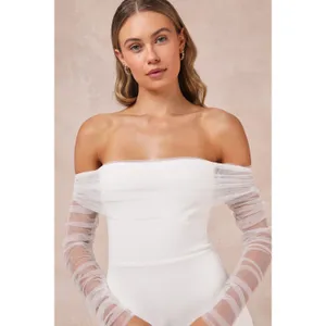 NWT Lulus Beautifully Beloved White Mesh Off-the-Shoulder Maxi Dress Bridal L thumbnail 2