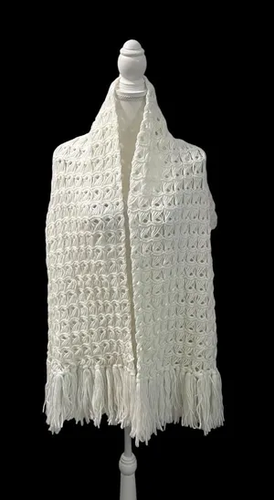 Handmade Vintage Hand Crochet Shawl Wrap Open Knit White Fringe thumbnail 1