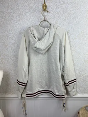 POL Cream & Gray Oversized Boho Stripe Cowl Neck Lace-up Hoodie - Size - Medium thumbnail 5
