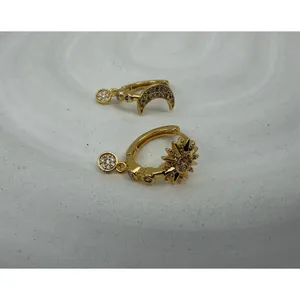 Sun Moon Huggie Hoop Earrings 18K Gold PVD Stainless Steel CZ Celestial Dangle thumbnail 3