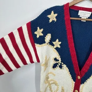 Vintage Nautical‎ Anchor Star Striped Chunky Knit Cardigan Sweater 90s Teacher thumbnail 4