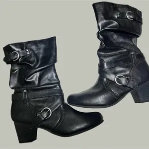 Faded Glory Black Buckle Heeled Boots thumbnail 1