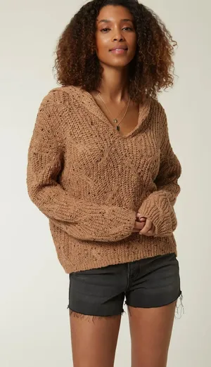 ONEILL Serefina Hooded Sweater M/L Camel Brown Chunky‎ Knit V-Neck Boho Coastal thumbnail 1