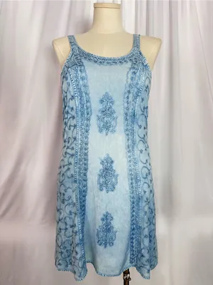 Sopogee Vintage Embroidered Chambray Dress Blue Rayon Sleeveless SizeLarge(1409) thumbnail 2