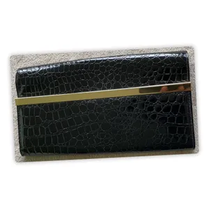 ALDO Black Faux Croc Clutch Wallet‎ Purse Envelope Gold Bar Snap Closure Large thumbnail 2