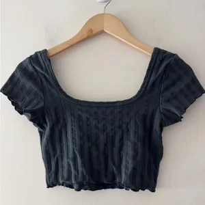 Aerie Offline Charcoal Gray Ribbed Square Neck Crop‎ Top Lettuce Hem thumbnail 3