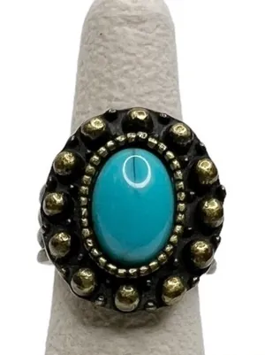 Faux Turquoise Oval Cabochon Antique Gold Tone Cocktail Ring thumbnail 1