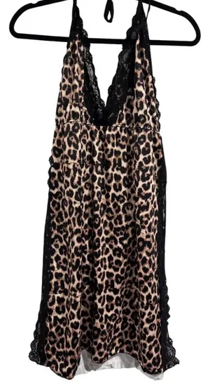 Leopard Print Lace Trim Halter Chemise Nightdress Black & Tan high side slits thumbnail 1