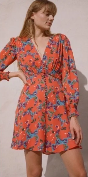 Saloni Eve Mini Dress Tangerine Sweetpeas‎ Chiffon Viscose Smock V Neck Size 0 thumbnail 1
