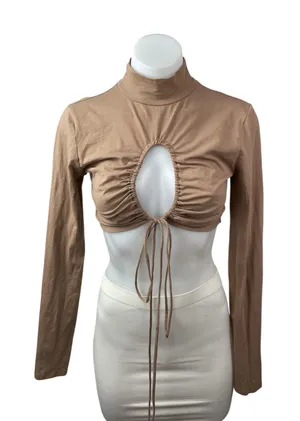 Isalis Womens Brown Tan Cutout Ruched Tie Keyhole Knot Mock Neck Crop Top Size M thumbnail 1