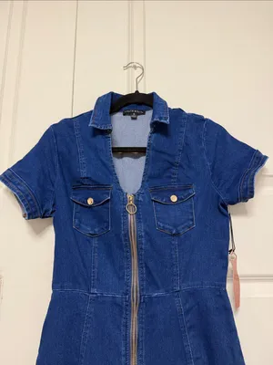 Navy Blue Denim Mini Dress with Front Zip thumbnail 5