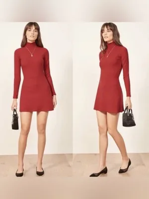 Reformation Maya Cherry Red Ribbed Turtleneck Mini Dress Long Sleeve Sammi thumbnail 3