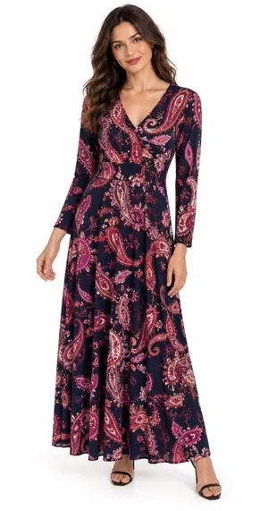 Maggy London Navy & Coral V-Neck Smocked Waist 3/4 Sleeve Stretch Maxi Dress thumbnail 1