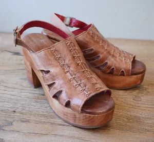 Bed Stu 6.5 Leather Platform Sandals Tan Excellent Stitch Wood Heel Boho Western thumbnail 1