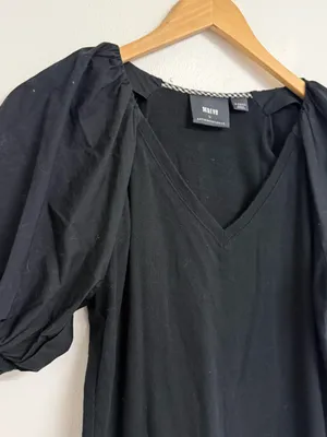 Maeve Anthropologie Annika Knit Mini Dress XS Black Puff Sleeve V-Neck thumbnail 5