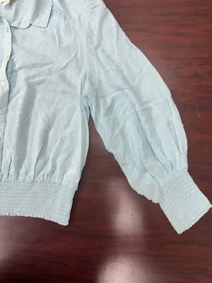 Maeve by Anthropologie Light Blue Rosa Swiss Dot Banded Bottom Blouse- Large thumbnail 2