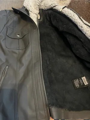 Novish Womens Gray Faux Leather Jacket with Sherpa Hood thumbnail 10
