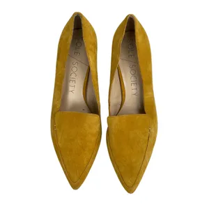 Sole Society Mustard Suede Leather Pointed Toe Block Heel Slip On Pumps Shoes 10 thumbnail 2