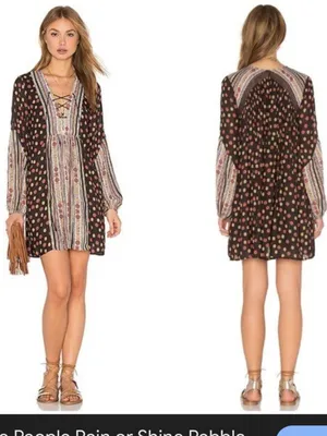Free People Black Floral & Stripe Lace-Up Long Sleeve Mini Dress thumbnail 11