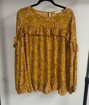 Easel Floral Mustard Yellow Ruffle Blouse Size M thumbnail 1