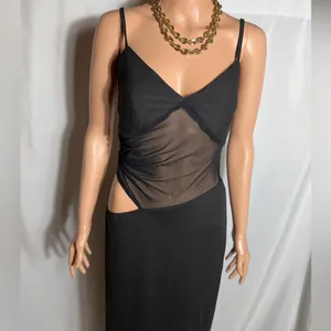 Source Unknown Black Mesh Cutout Maxi Dress Asymmetrical Waist Spaghetti Strap Size M thumbnail 2