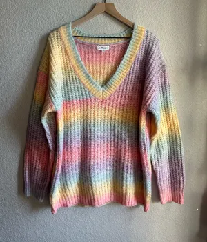 Beginning Boutique Rainbow Colorful Knit V-Neck Sweater thumbnail 1