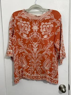 Solitaire Blouse XL Orange Floral Embroidered 3/4 Sleeve Cottage Core Boho thumbnail 1
