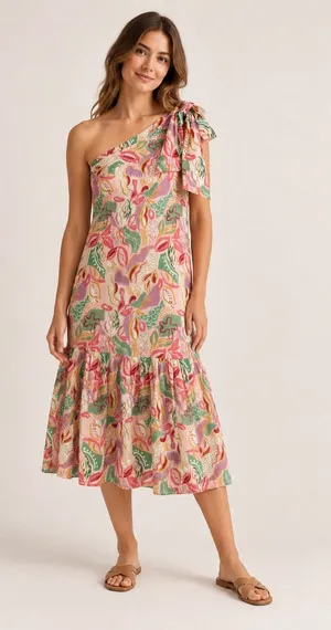 Tuckernuck Floral One Shoulder Bow Tiered Midi Dress M thumbnail 1