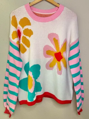 NEW Boutique Floral Striped Mixed Print Crewneck Sweater Summer Spring Bright thumbnail 3