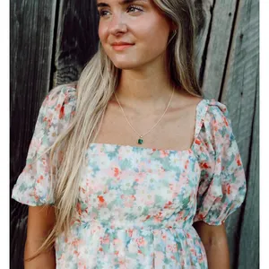 TCEC Floral Puff Sleeve Mini Dress Square Neck Babydoll Multi Color Small thumbnail 1