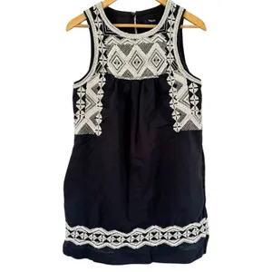 Madewell Navy Blue Linen Blend Aztec Embroidered Knee Length Dress Size Small thumbnail 3