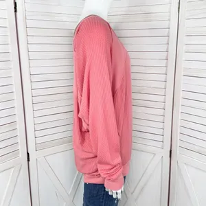 Free People Santa Clara Thermal‎ Oversized Shirt Coral Pink Orange Medium thumbnail 4