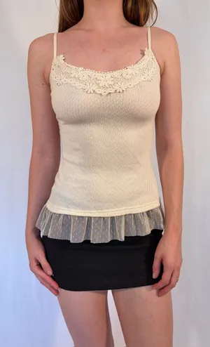 Cream White Dainty Floral Embroidered Tulle Cami Vintage Top thumbnail 1