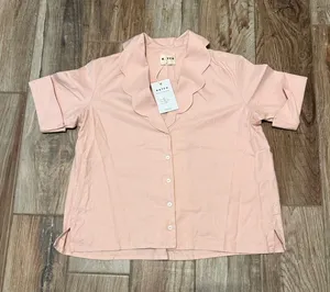 Katch Luxury Organic Cotton Scalloped V Neck Button Down Top Pink Size XS thumbnail 1