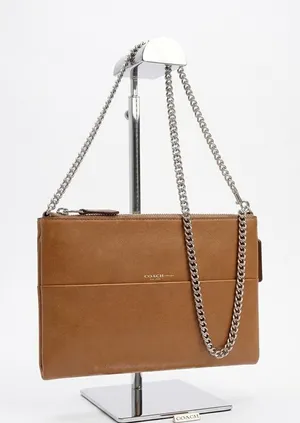 Coach Tan Leather Crossbody / Clutch with Silver Chain Strap thumbnail 1