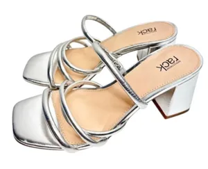 Nordstrom Rack Silver Metallic Strappy Square Toe Block Heel Sandals‎ Size 6 thumbnail 1