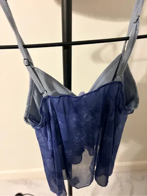 ROMWE Sheer Floral Lace Chemise in Deep Blue with Light Blue Straps thumbnail 4