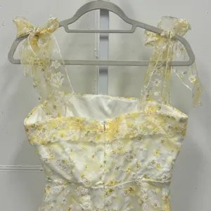 Lucy In The Sky Yellow Floral Tie Shoulder Mini Dress Lace Trim Size M Coquette thumbnail 5