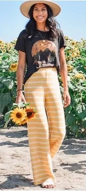 Zara Women Yellow White Striped Knit Wide Leg Pants High Rise Boho Summer Small thumbnail 1