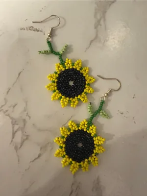 Handmade Beaded Sunflower Dangle Earrings - Yellow & Black thumbnail 3