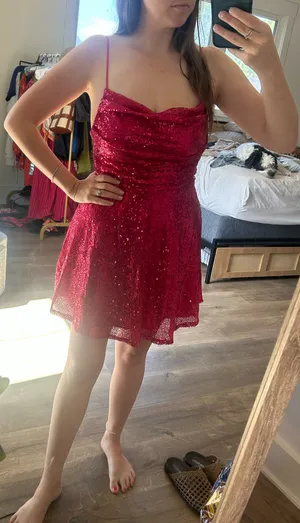 Pink Sequined Mini Dress Red Size M thumbnail 1