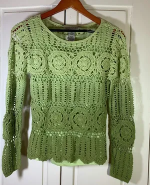 Uniform John‎ Paul Richard Green Crochet Lace Knit Long Sleeve Sweater Top Smal thumbnail 1