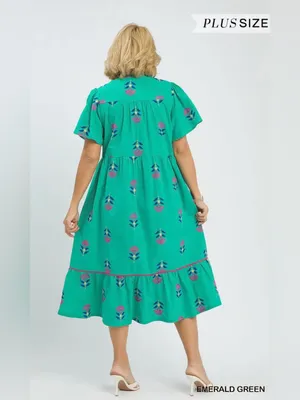 New! Umgee Cotton Emerald Green Embroidered Tiered Midi Dress Size 2X thumbnail 5